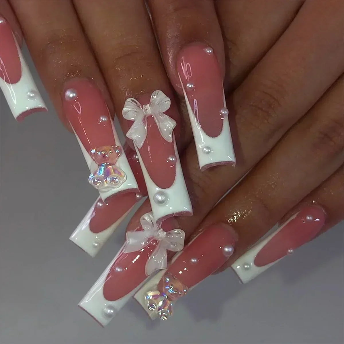 24Pcs Pink Bow Design False Nails Long Ballet Press on Nails with Pearl Wearable Coffin Fake Nails French Square Finger Nail - - DYAVOR®