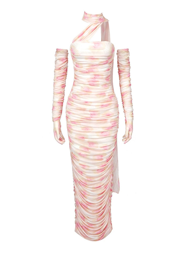 Draped Floral Maxi Dress with Gloves - - DYAVOR®