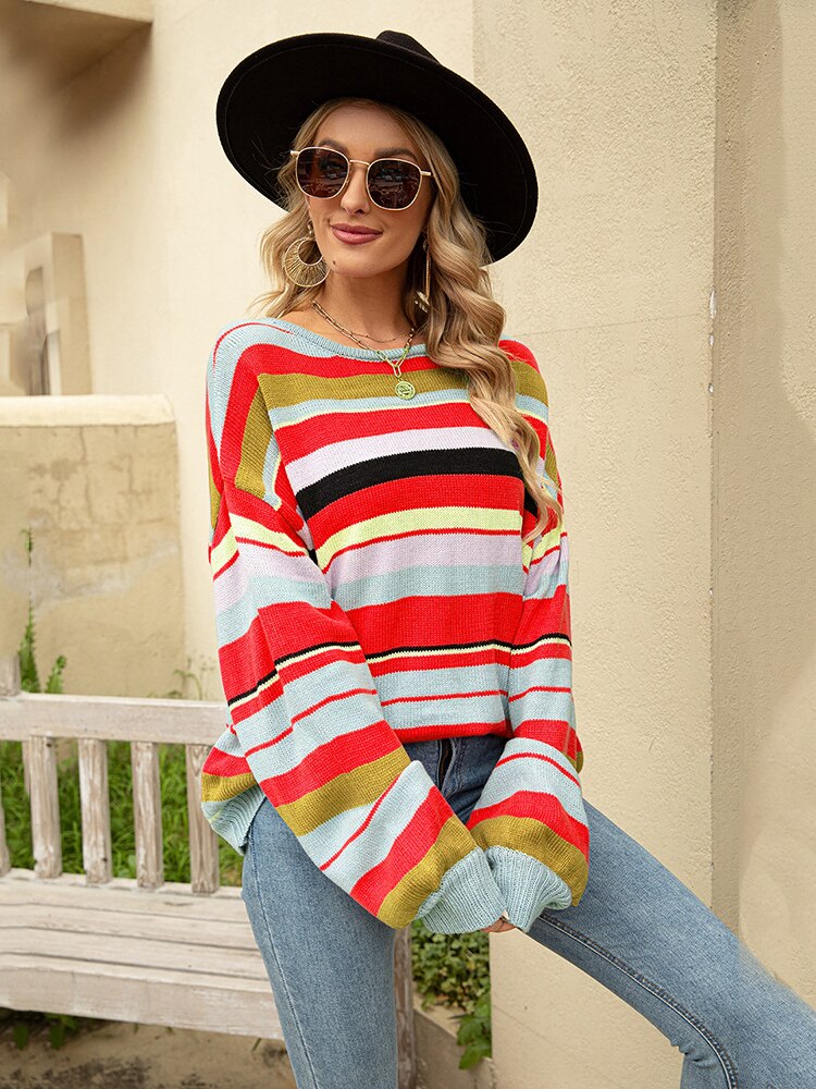 2022 Autumn Winter New Women's Striped Pullover Round Neck Loose Knit Sweater Casual Street Oversized Sweater Women Sweaters Top - - DYAVOR®