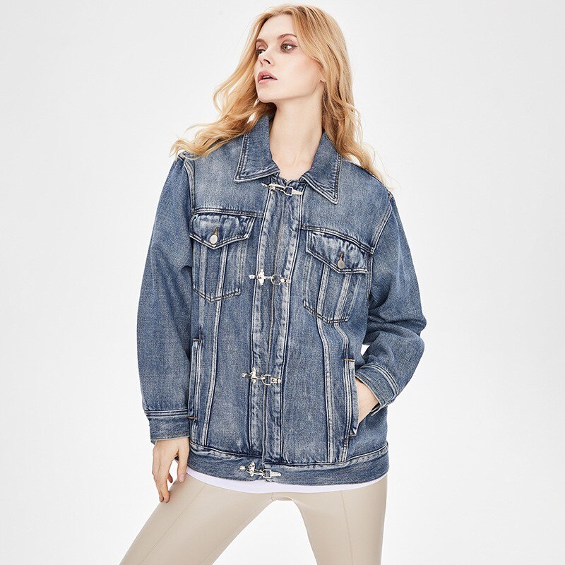 European retro blue denim jacket for women in spring 2023, new versatile, slim and fashionable polo collar long sleeved top - - DYAVOR®