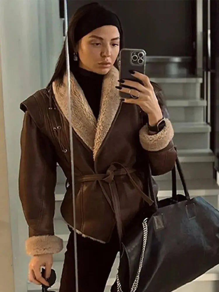 Leather Jacket with Belt & Fur Collar For Women | Elegant Streetwear Coat