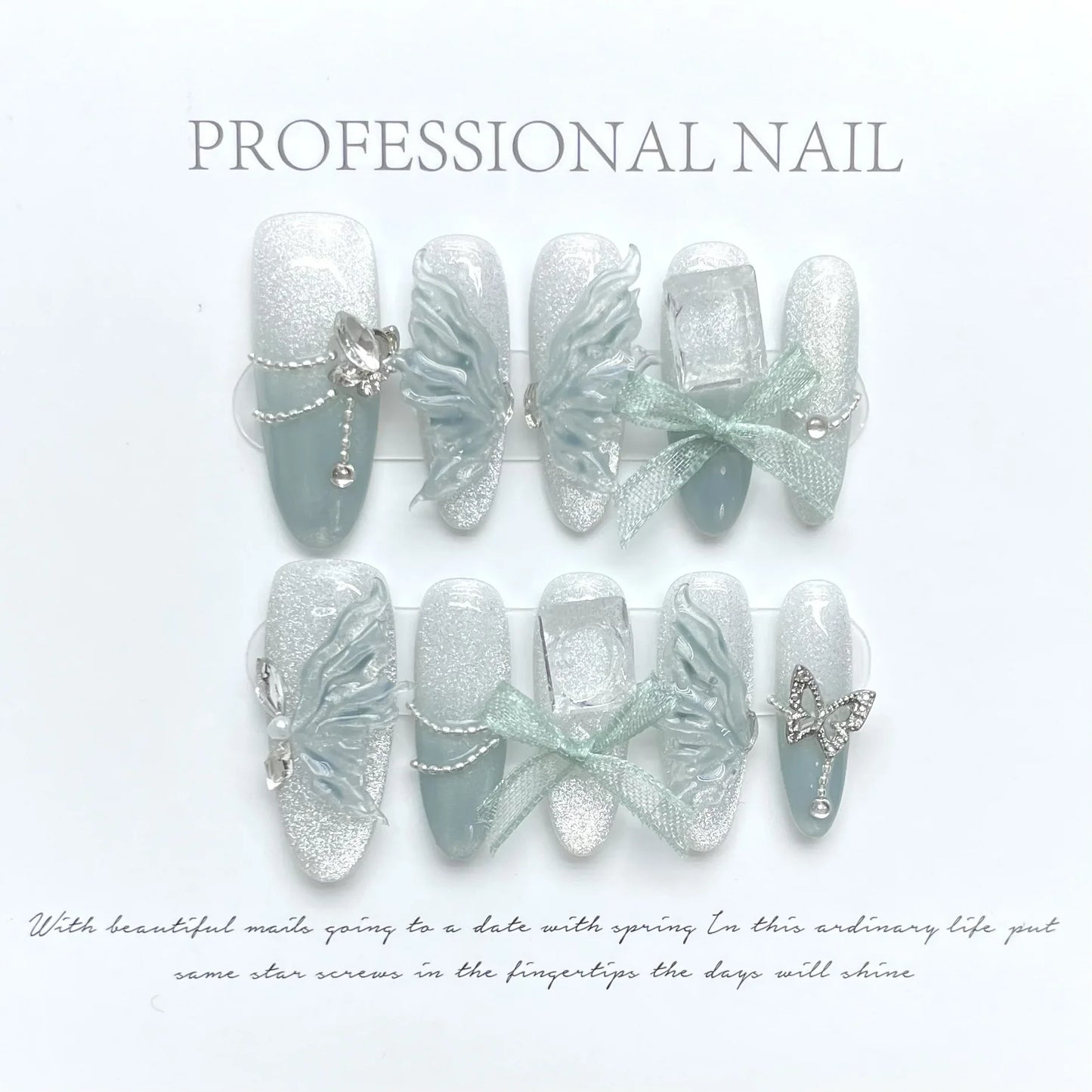 10Pcs Set Frozen Butterfly Handmade Press On Nails False Nails Decoration with Rhinestones Manicure Fake Nails Tips Art Wearable - - DYAVOR®
