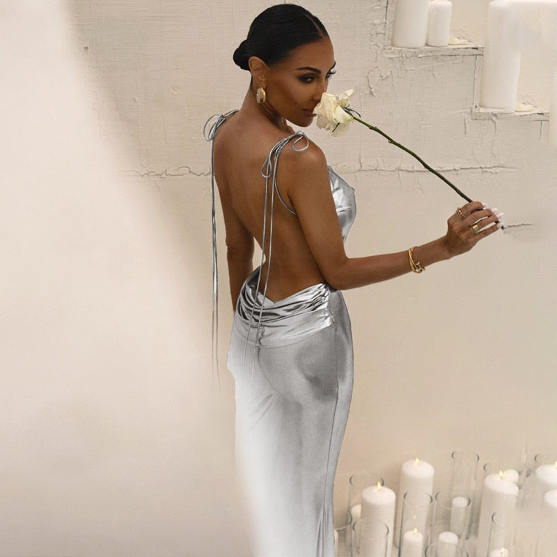 Form-Fitting Silver Maxi Dress - - DYAVOR®