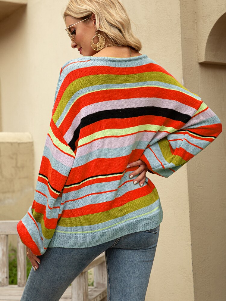 2022 Autumn Winter New Women's Striped Pullover Round Neck Loose Knit Sweater Casual Street Oversized Sweater Women Sweaters Top - - DYAVOR®
