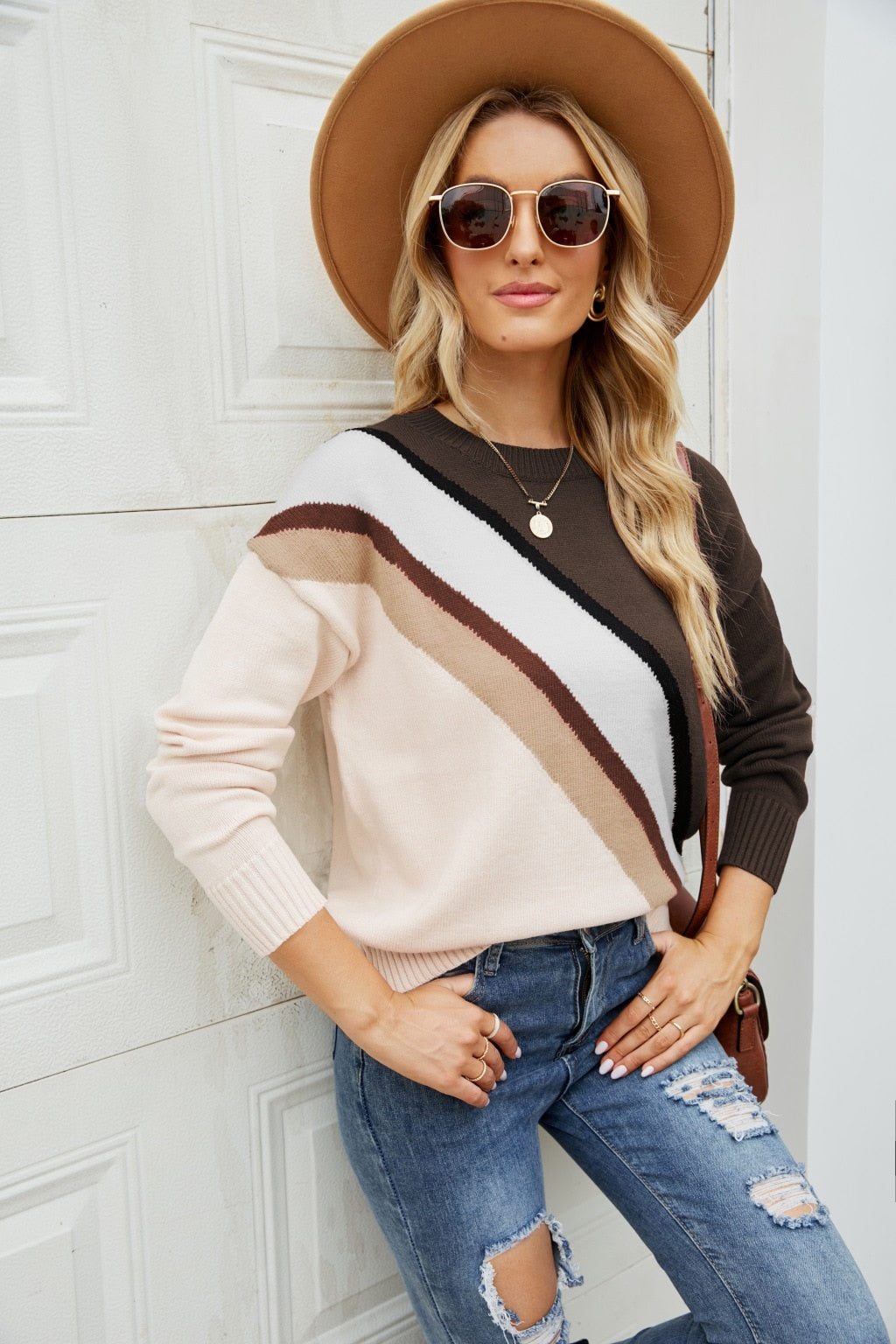 New Autumn Winter 2022 Women's Diagonal Stripe Casual Knit Pullover Round Neck Fashion Women's Long Sleeve Pullover Sweater Tops - - DYAVOR®