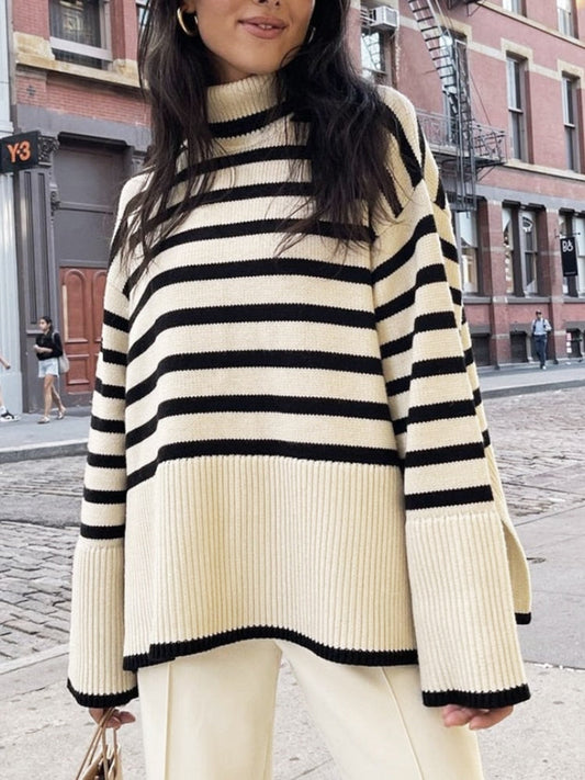 2022 Autumn New Women's High Collar Knitted Sweater Striped Slit Pullover Oversized Sweater Winter Clothes Women Thick Sweaters -  - DYAVOR®