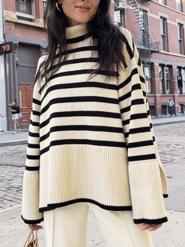 2022 Autumn New Women's High Collar Knitted Sweater Striped Slit Pullover Oversized Sweater Winter Clothes Women Thick Sweaters - - DYAVOR®