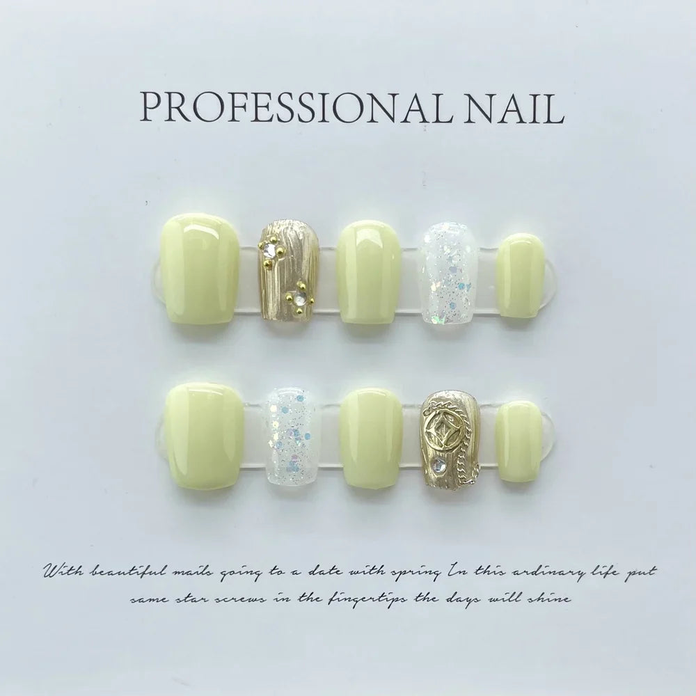 Handmade White Luxury Press on Nails Reusable Adhesive False Nails with Glitter Design Artifical Nail Tips Nail Art for Girls - - DYAVOR®