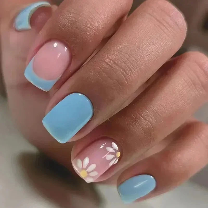24Pcs Green Short Coffin False Nails White ripples with French Design Wearable Fake Nails Simple Full Cover Press on Nails Tips - - DYAVOR®