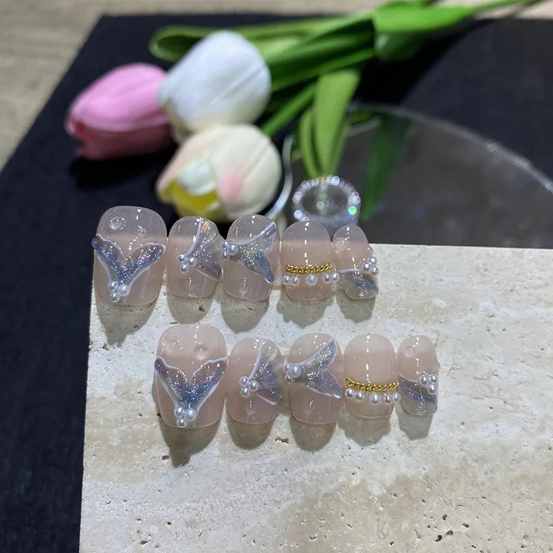 10PCS Detachable mermaid purple flashing aurora short square false nails with glue full cover ballet acrylic press on fake nails - - DYAVOR®