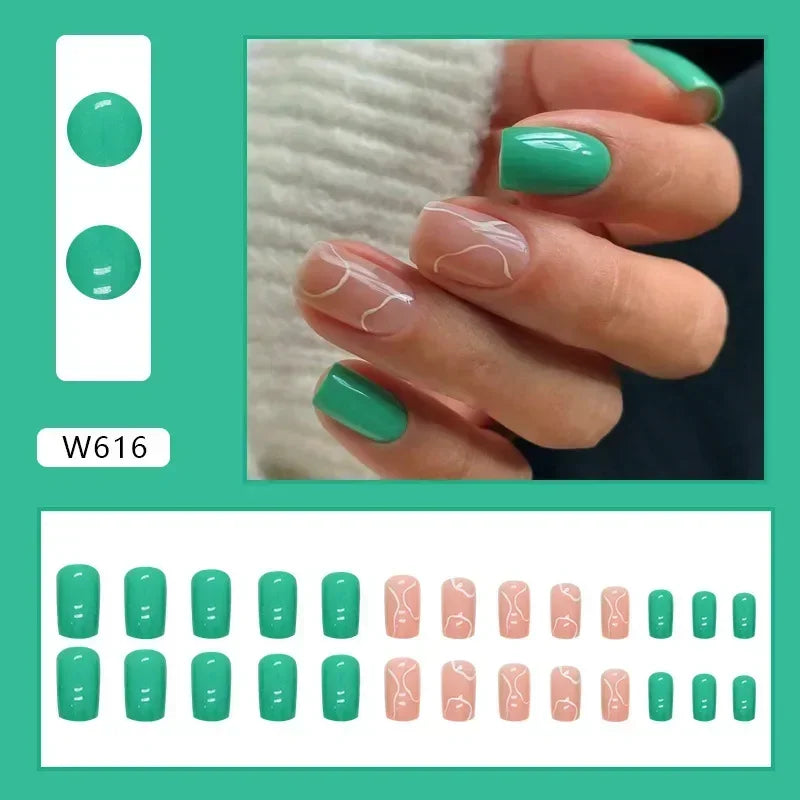24Pcs Green Short Coffin False Nails White ripples with French Design Wearable Fake Nails Simple Full Cover Press on Nails Tips - - DYAVOR®