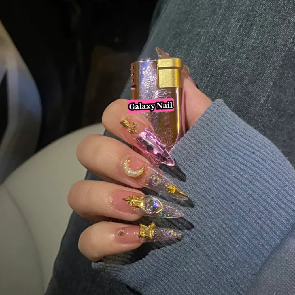 Handmade Pink Glittery Y2K Fake Nail With Glue Detachable Luxury False Nails Tips Reusable Press On Nails Coffin Manicure Art - - DYAVOR®