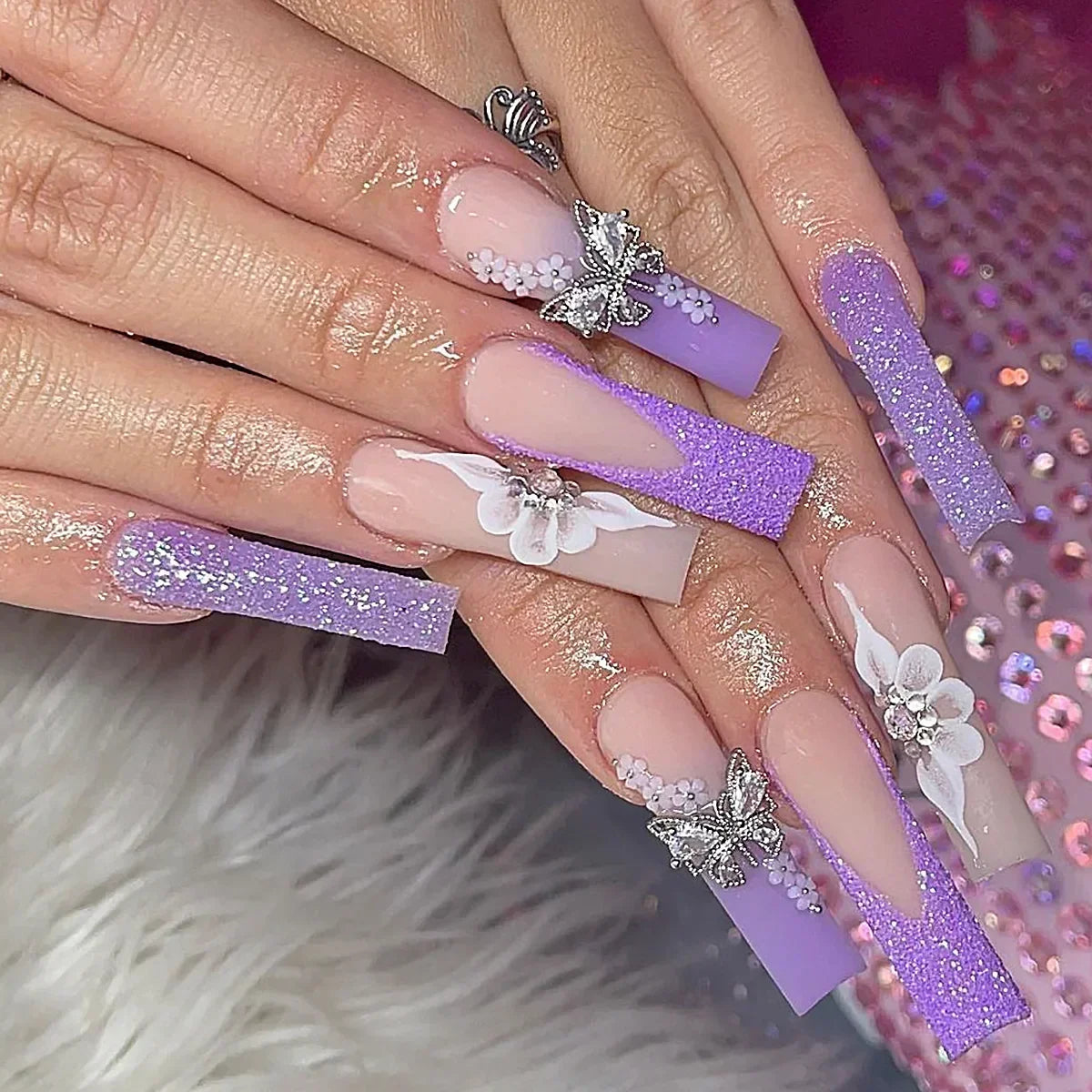 24Pcs Pink Bow Design False Nails Long Ballet Press on Nails with Pearl Wearable Coffin Fake Nails French Square Finger Nail