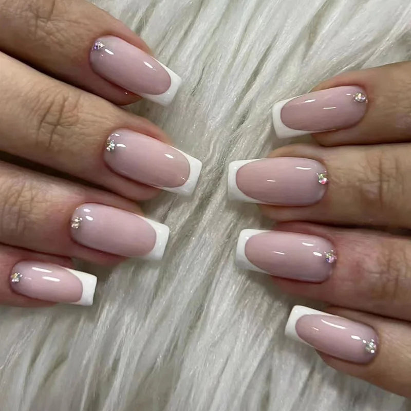 24Pcs Long Ballet Fake Nails Shiny White French Coffin False Nails Simple Wearable Manicure Press on Nails Full Cover Nail Tips - - DYAVOR®