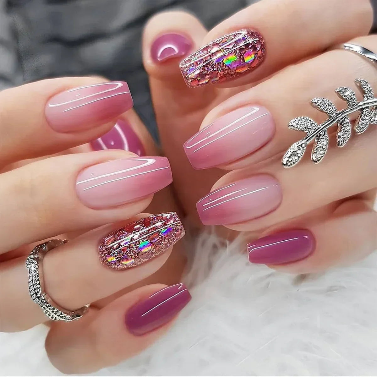 24pcs removeable false nails with glue Gradient Shinny brown coffin glitter Ballet press on nails long full cover fake nails tip