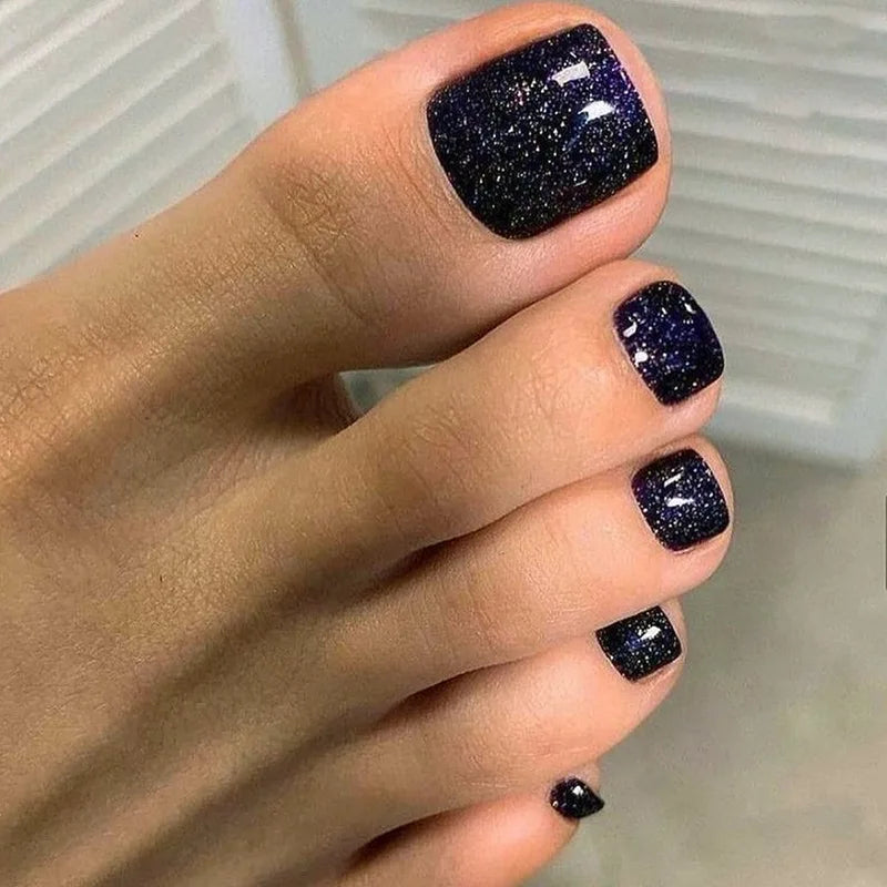 24pcs Simple French toe nails tips glitter diamond design press on toenails short full cover artificial fake foot nail with glue - - DYAVOR®