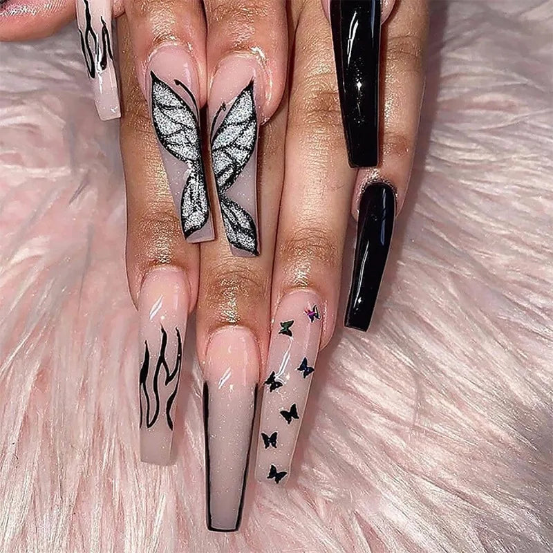 24Pcs Long Coffin False Nails Glitter Fake Nail with Rhinestones Press on Nails Full Cover Nail Tips Detachable Fake Fingernails - - DYAVOR®