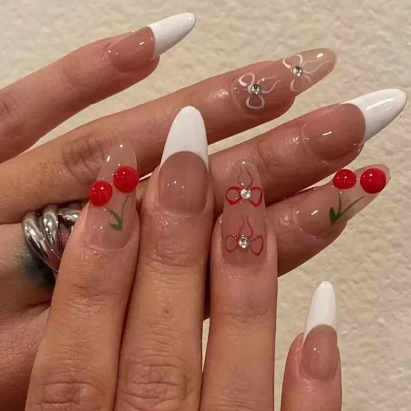 24Pcs French Almond False Nails Glitter with Rhinestones Wearable Fake Nails Artificial Simple Full Cover Press on Nails Tips - - DYAVOR®