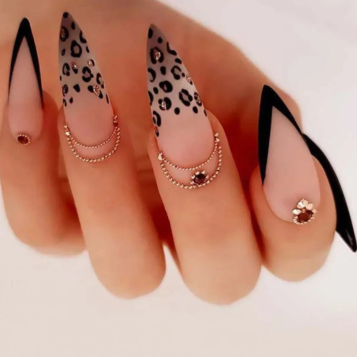 24Pcs Frosting False Nail almond with Golden Glitter Designs French Rhinestone Manicure Stiletto Fake Nails Set Press on Nails - - DYAVOR®