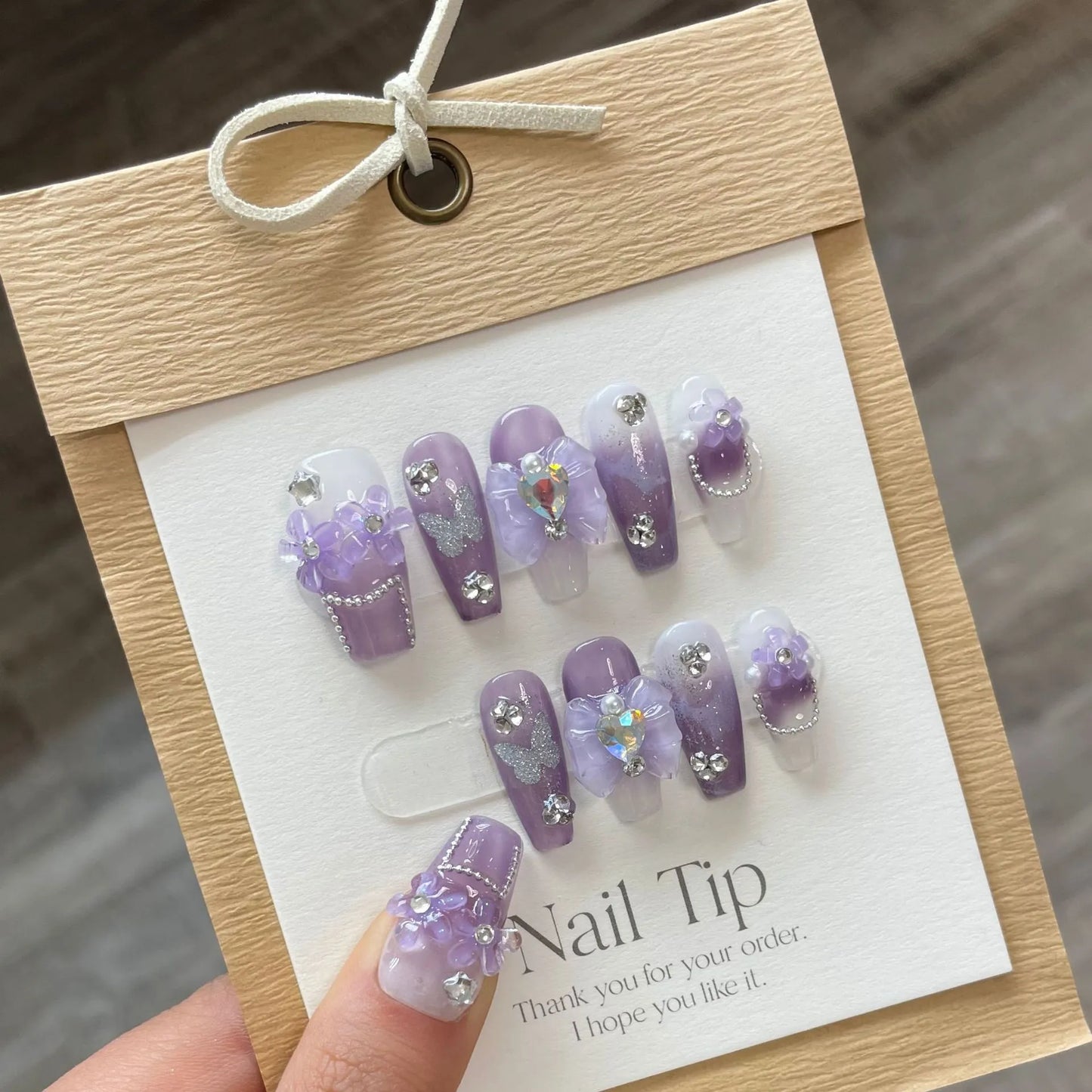 Handmade Purple Press on Nails with Glitter Design Reusable French Fake Nails with Glue Naitifical Fingernail Tips Nail Art Y2k - - DYAVOR®