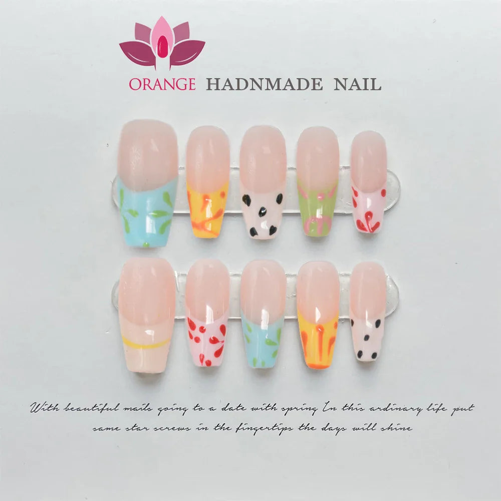 Handmade Almond Press On Nail Reusable French Colorful Fake Nails Full Cover Artificial Manicuree Wearable Orange Nail Store - - DYAVOR®