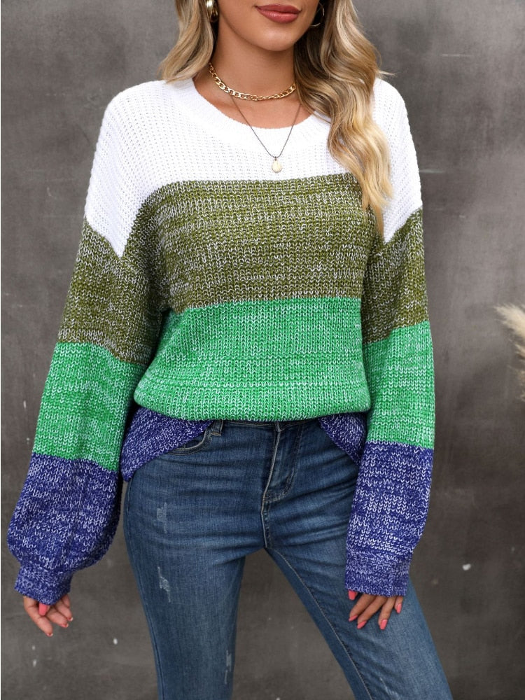 Fashion Woman Blouse 2023 Patchwork Contrast Loose Sweater Pullover Stylish Casual Crewneck Knitted Jumper Streetwear Knitwear - - DYAVOR®