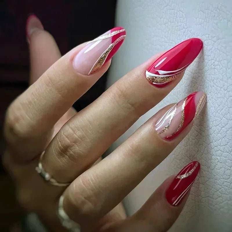 24Pcs French Almond False Nails Glitter with Rhinestones Wearable Fake Nails Artificial Simple Full Cover Press on Nails Tips - - DYAVOR®