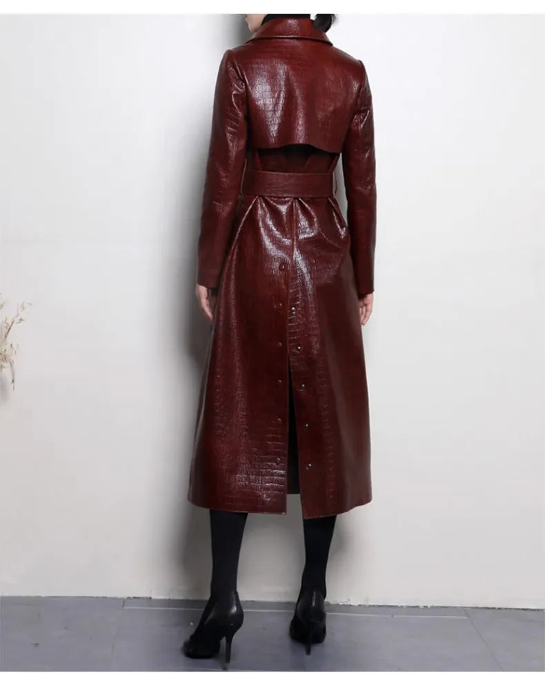 Glossy Autumn Faux Leather Trench Coat - Trench Coat - DYAVOR®