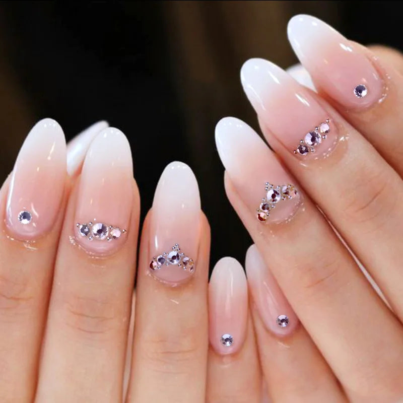 24Pcs French Almond False Nails Glitter with Rhinestones Wearable Fake Nails Artificial Simple Full Cover Press on Nails Tips