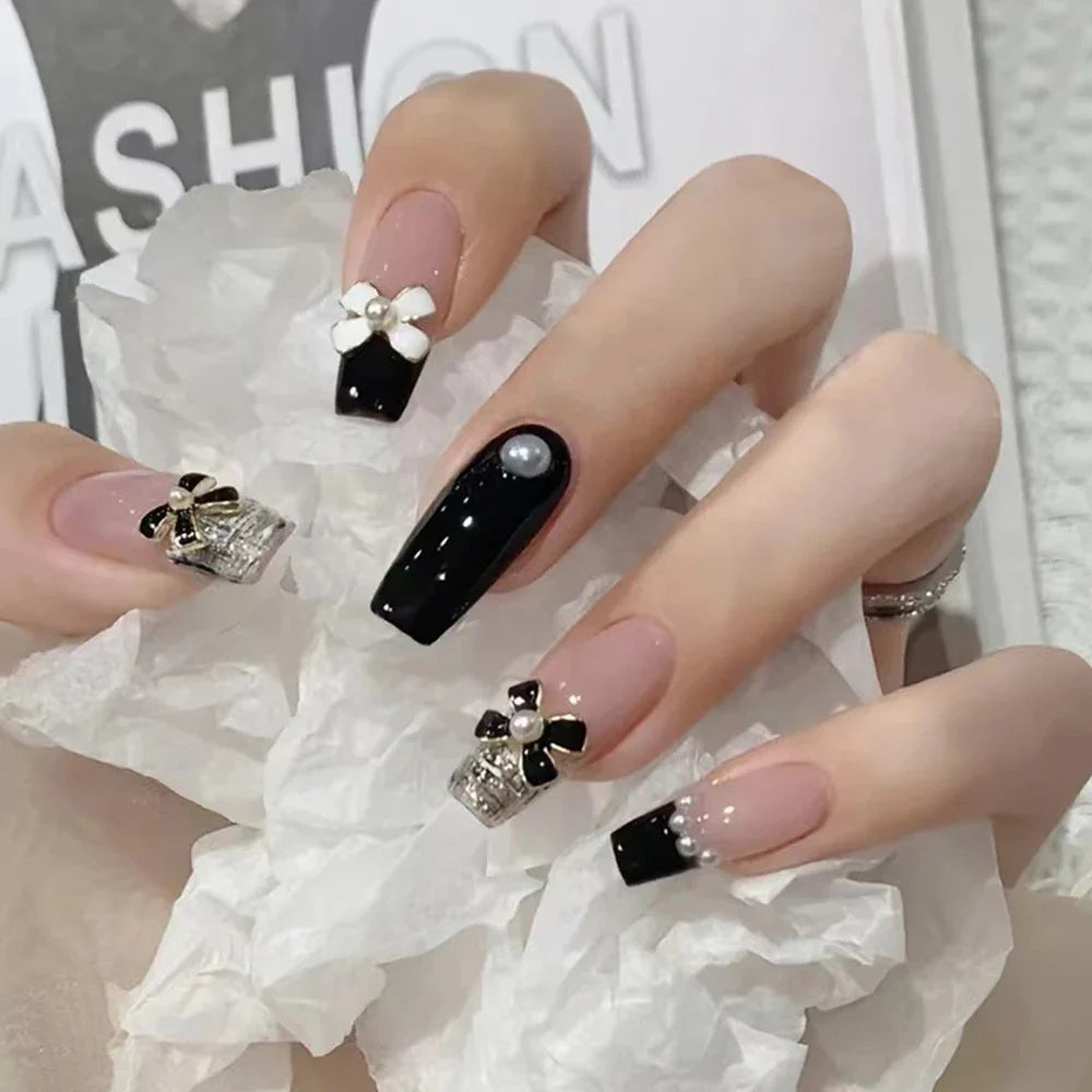Autumn French False Nails with Butterfly Pearl Decor Bride Fake Nail Wearable Press on Nails Coffin Ballet Nail Tips for Girls - - DYAVOR®