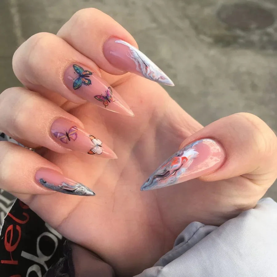 24Pcs Extra Long Stiletto False Nails Pointy French Fake Nails Glitter Detachable Almond Press on Nails Full Cover Nail Tips - - DYAVOR®