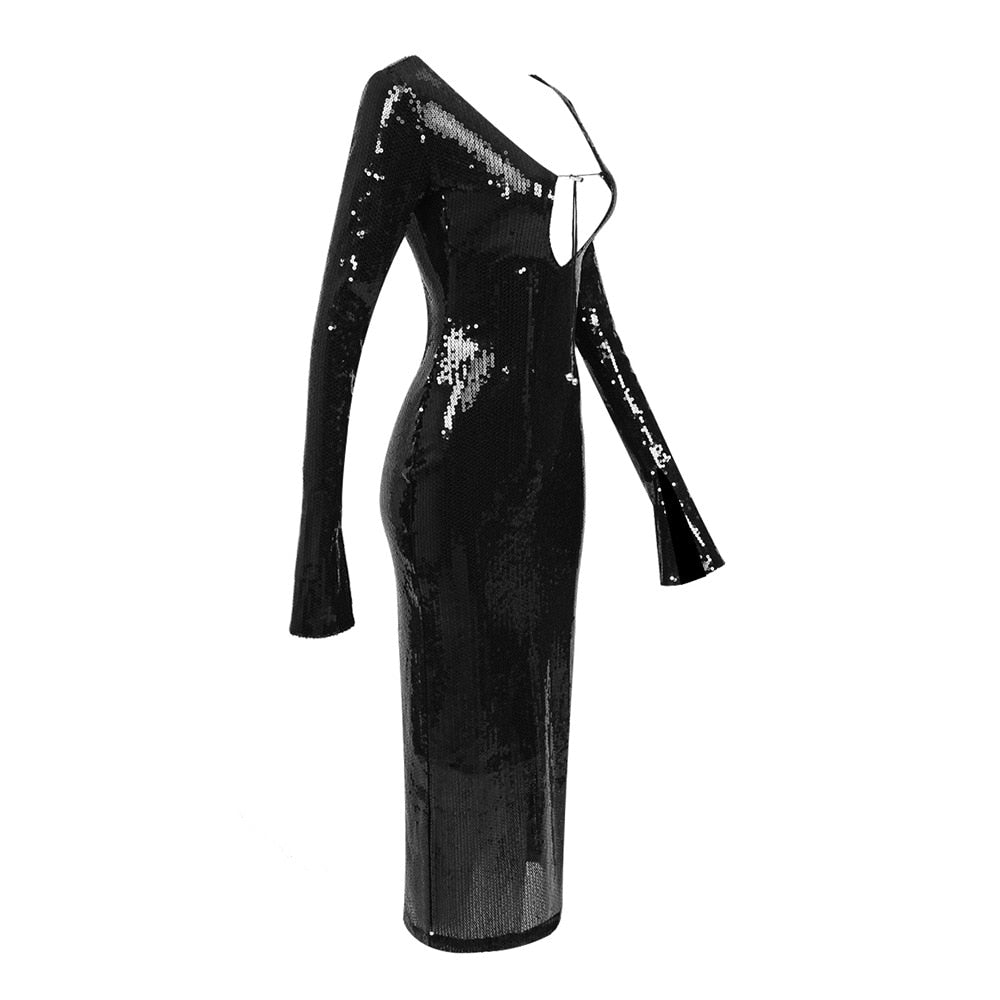 Sequined Black Maxi Dress with Open Back - - DYAVOR®
