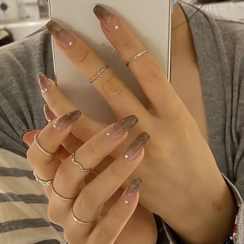 24pcs removeable false nails with glue Gradient Shinny brown coffin glitter Ballet press on nails long full cover fake nails tip