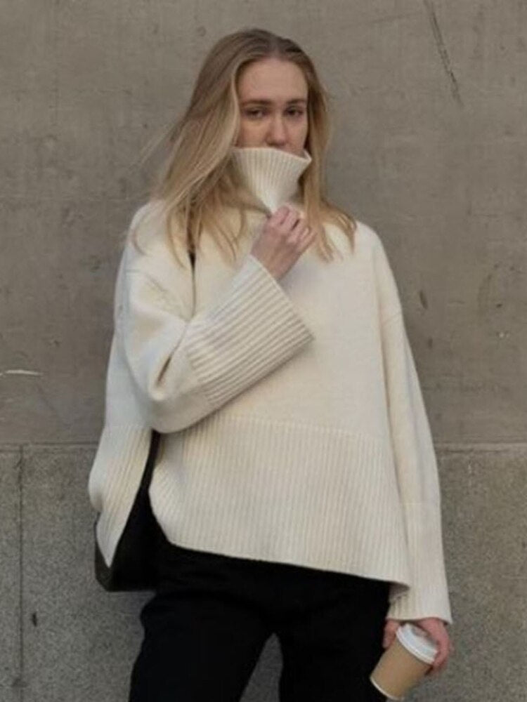 2022 Autumn New Women's High Collar Knitted Sweater Striped Slit Pullover Oversized Sweater Winter Clothes Women Thick Sweaters - - DYAVOR®