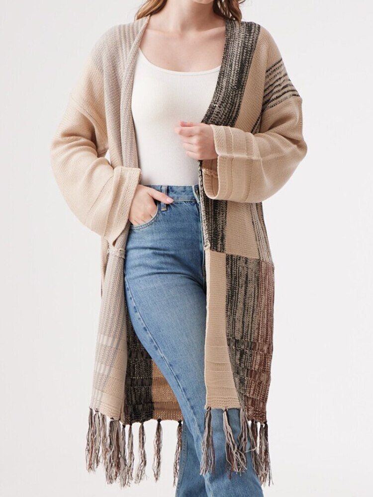 Cardigan for Women Autumn Winter Tassel Irregular Color Block Sweater Women Office Lady Knitted Cardigan Top Woman Clothing 2023 - - DYAVOR®