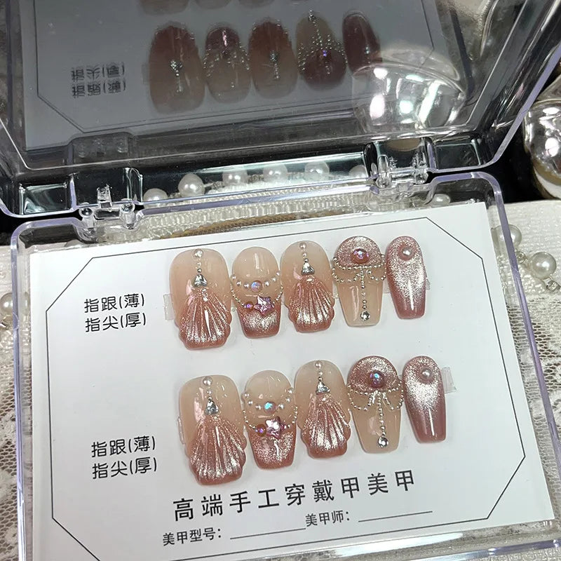 10pcs handmade false nails ballet short glitter pink cat eyes fake nails with glue full cover Nude White press on acrylic nails - - DYAVOR®