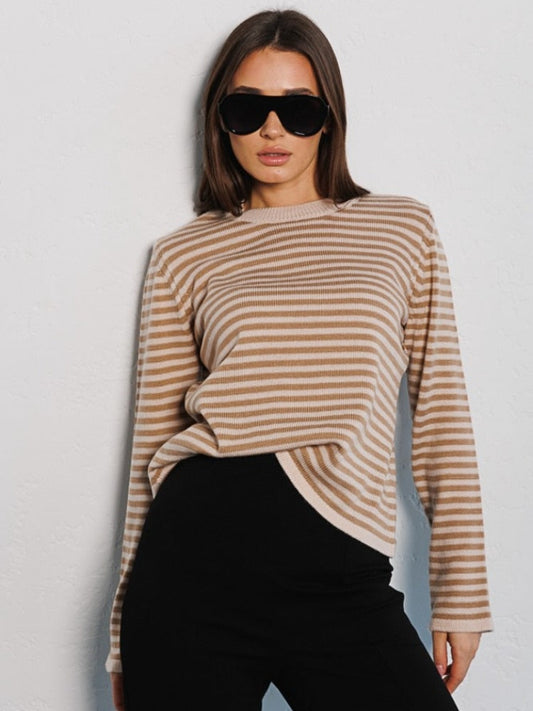 Striped Women's Sweater New Fashion Thread Contrast Round Neck Knit Pullover Office Lady Loose Knitwears Womens Clothing Tops -  - DYAVOR®