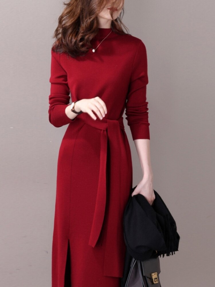 Half-necked Knitted Dress Women's Autumn Winter New Strap Temperament Split Base Sweater Skirt Dress for Women Sweaters Pullover - - DYAVOR®