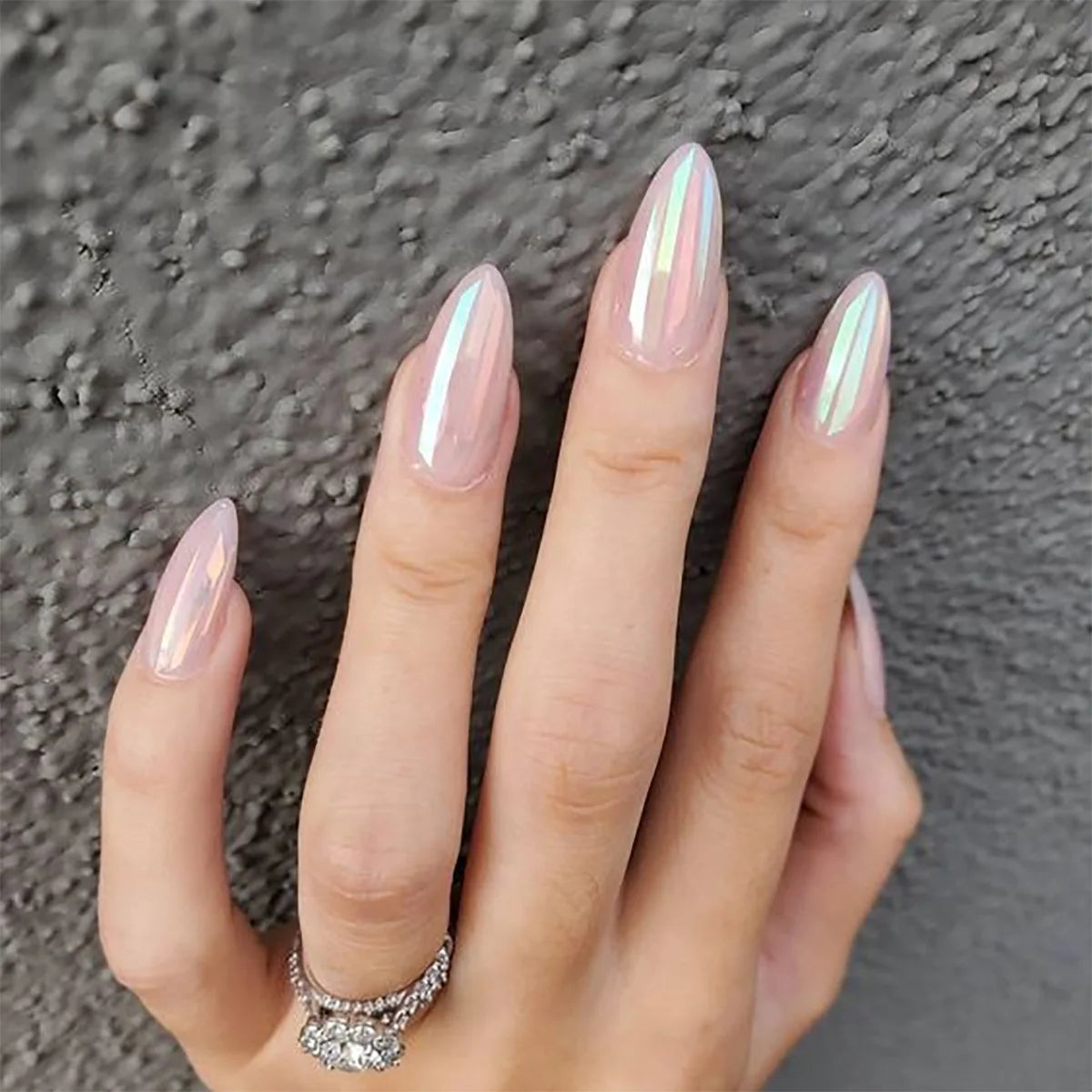 24Pcs White Aurora Almond False Nails Simple with French Design Wearable False Nails Glitter Full Cover Press on Nails Tips Art - - DYAVOR®