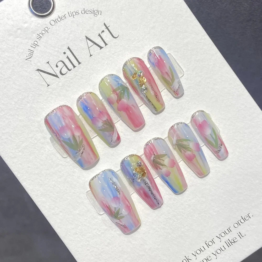 Handmade Almond Press on Nails Korean Hand Paint Reusable Adhesive False Nails with Design Acrylic Artificial Manicure for Girls - - DYAVOR®