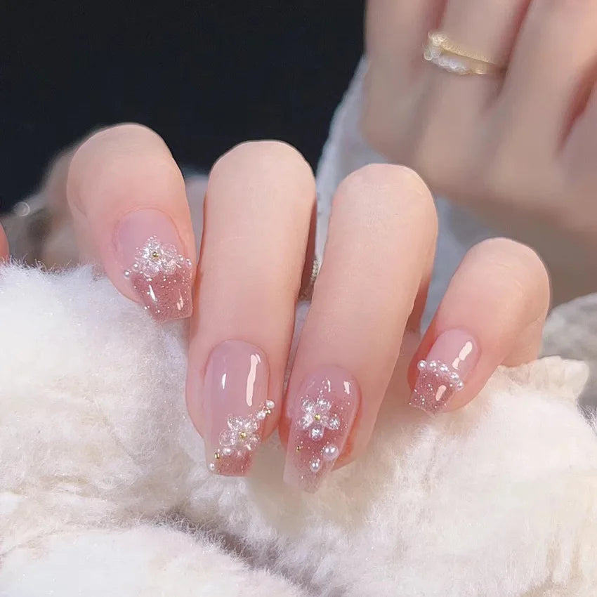 Autumn French False Nails with Butterfly Pearl Decor Bride Fake Nail Wearable Press on Nails Coffin Ballet Nail Tips for Girls - - DYAVOR®