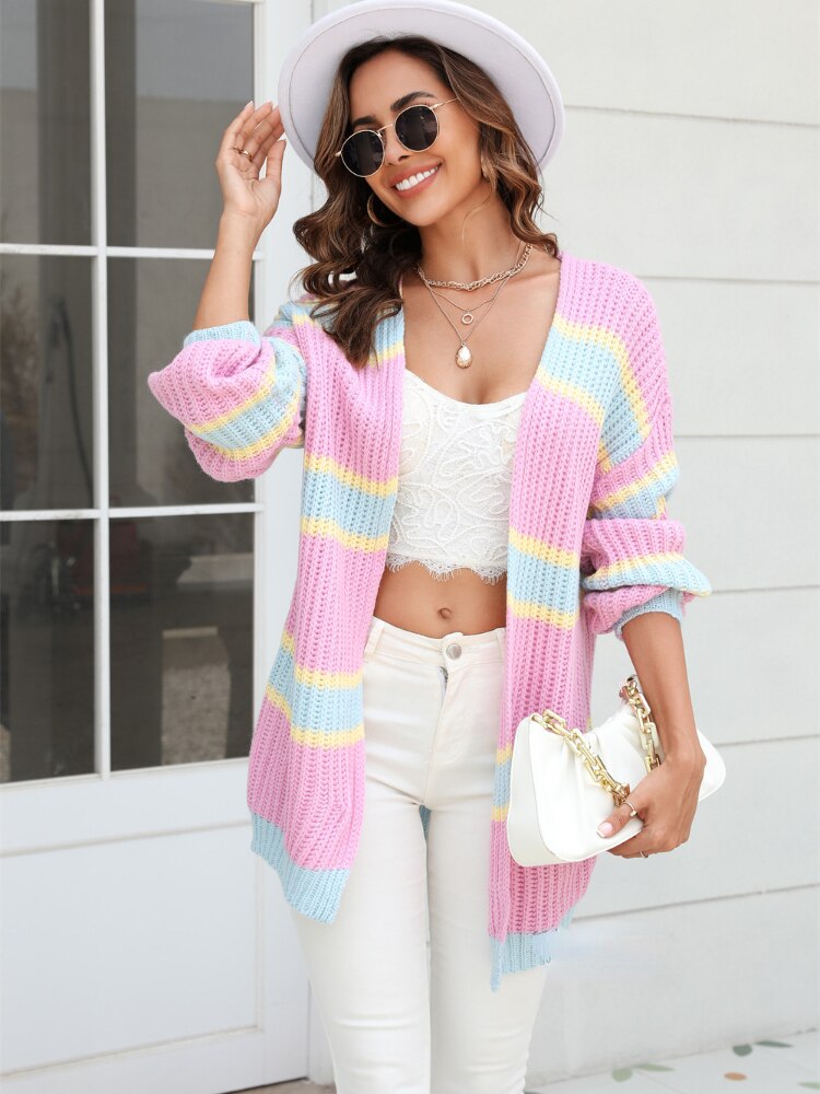 Fashion Women Sweaters 2023 Autumn Winter New Fashion Spliced Knitted Cardigan Stripe Long Sleeve Female Sweater Streetwear Tops - - DYAVOR®