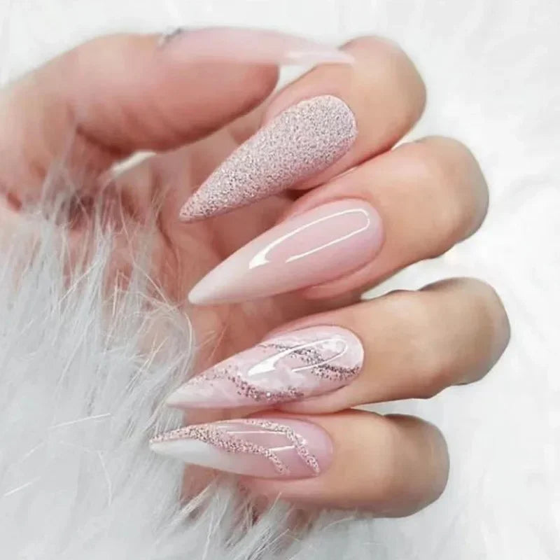 24Pcs Extra Long Stiletto False Nails Pointy French Fake Nails Glitter Detachable Almond Press on Nails Full Cover Nail Tips - - DYAVOR®