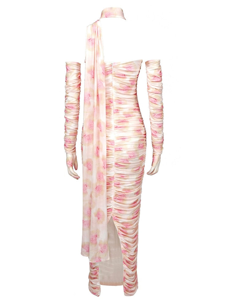 Draped Floral Maxi Dress with Gloves - - DYAVOR®