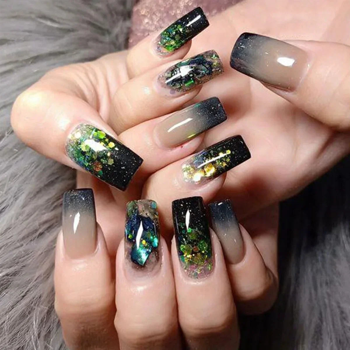 24pcs removeable false nails with glue Gradient Shinny brown coffin glitter Ballet press on nails long full cover fake nails tip