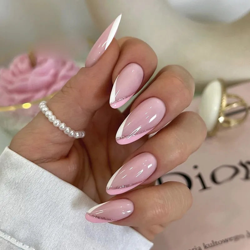 24Pcs Long Coffin False Nails Glitter Fake Nail with Rhinestones Press on Nails Full Cover Nail Tips Detachable Fake Fingernails