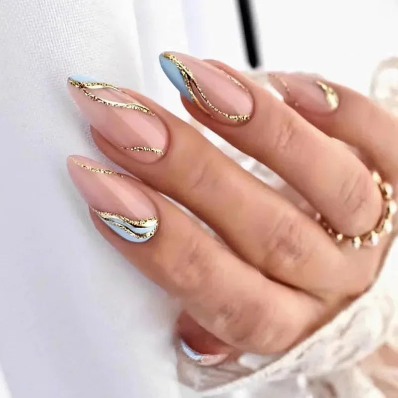 24Pcs White Aurora Almond False Nails Simple with French Design Wearable False Nails Glitter Full Cover Press on Nails Tips Art - - DYAVOR®