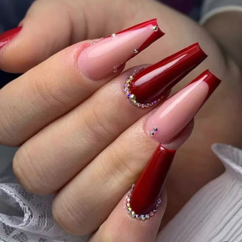 wearable full cover long ballet French coffin white False Nails with glue matte red black pink white artificial nails press on -  - DYAVOR®