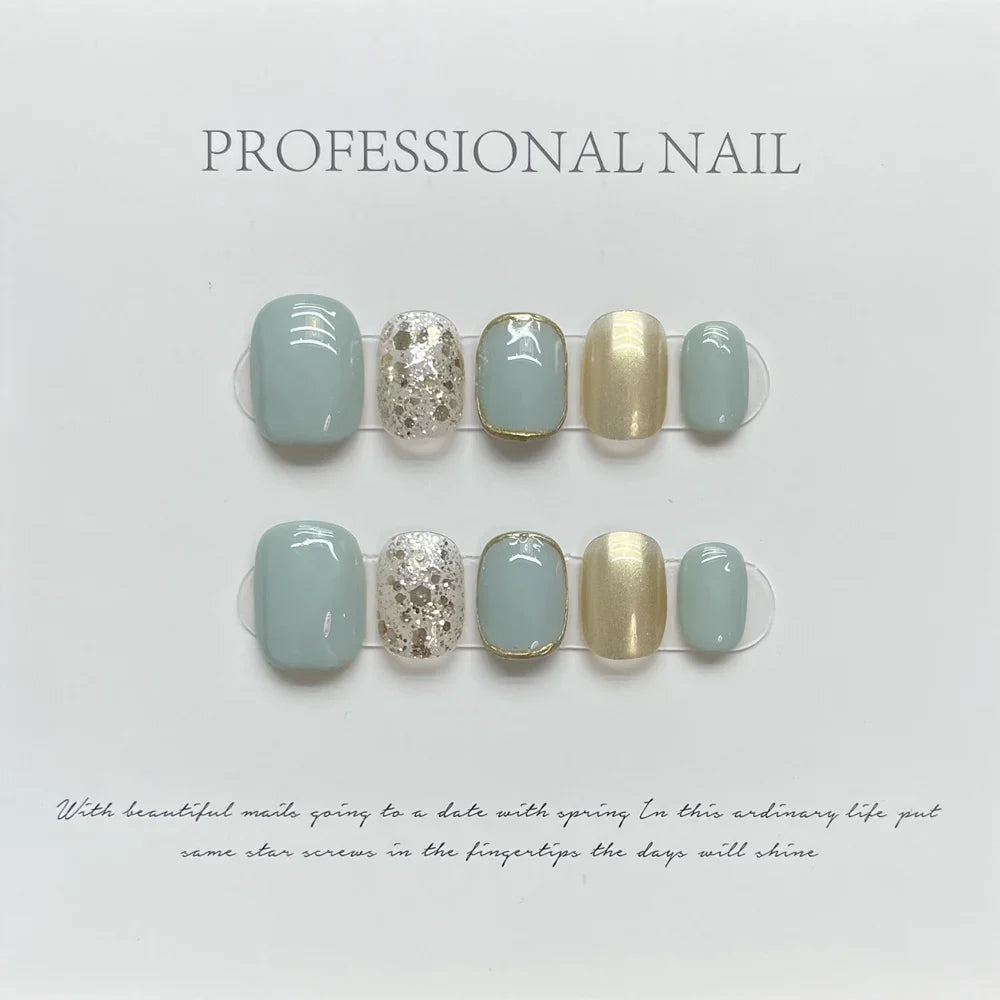 Handmade White Luxury Press on Nails Reusable Adhesive False Nails with Glitter Design Artifical Nail Tips Nail Art for Girls - - DYAVOR®