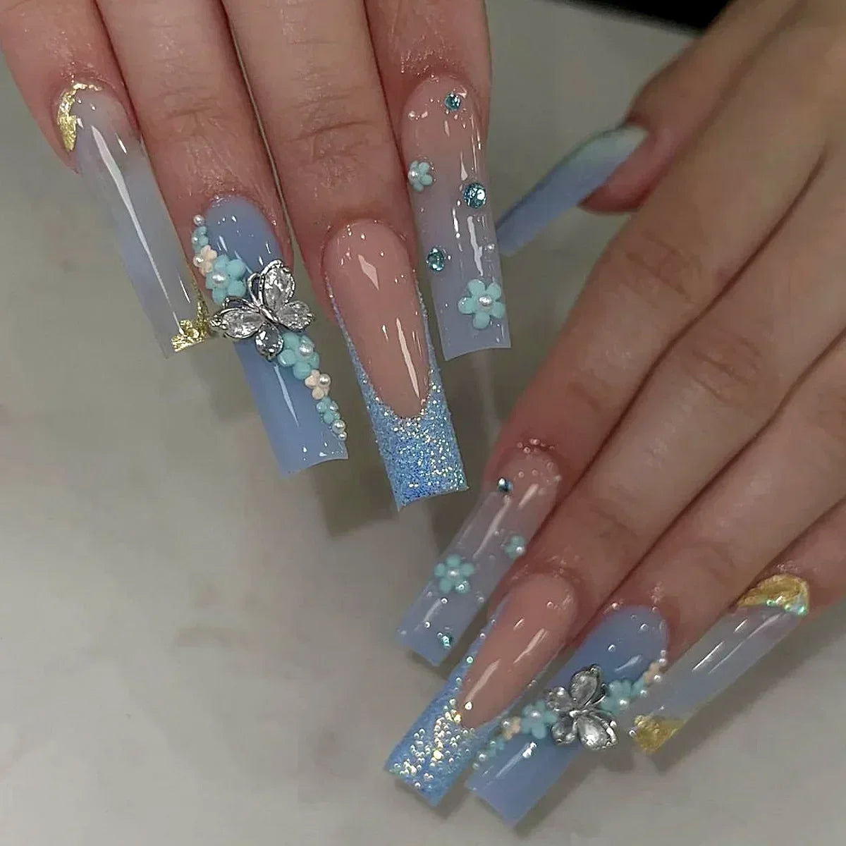 24Pcs Pink Bow Design False Nails Long Ballet Press on Nails with Pearl Wearable Coffin Fake Nails French Square Finger Nail - - DYAVOR®